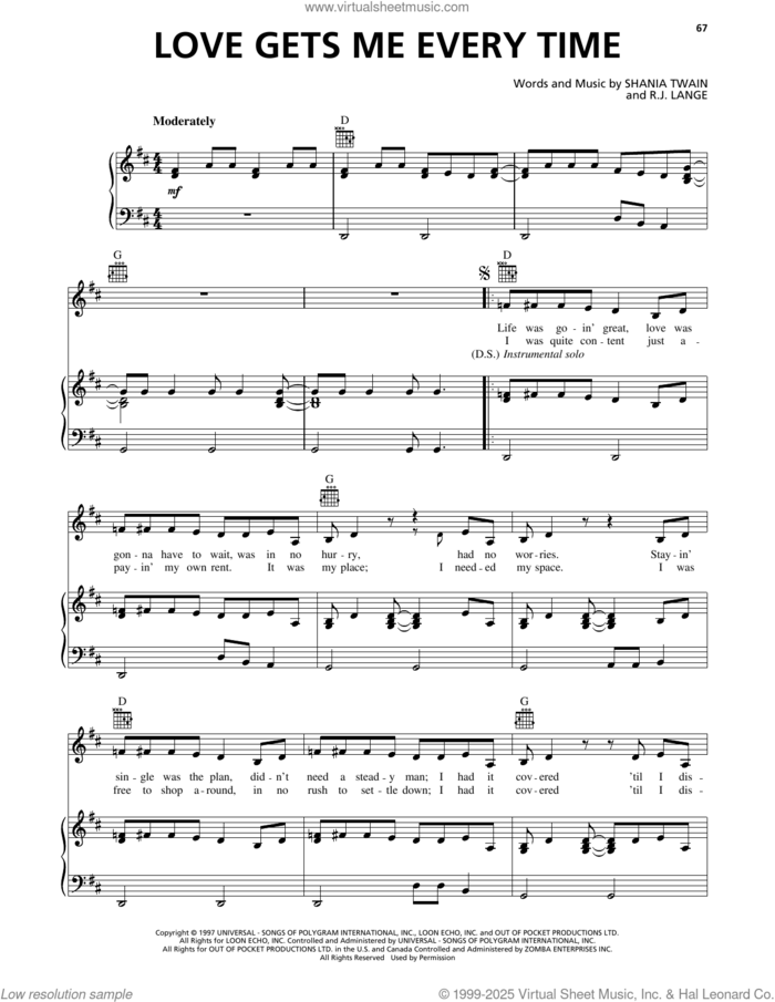 Love Gets Me Every Time sheet music for voice, piano or guitar by Shania Twain and Robert John Lange, intermediate skill level