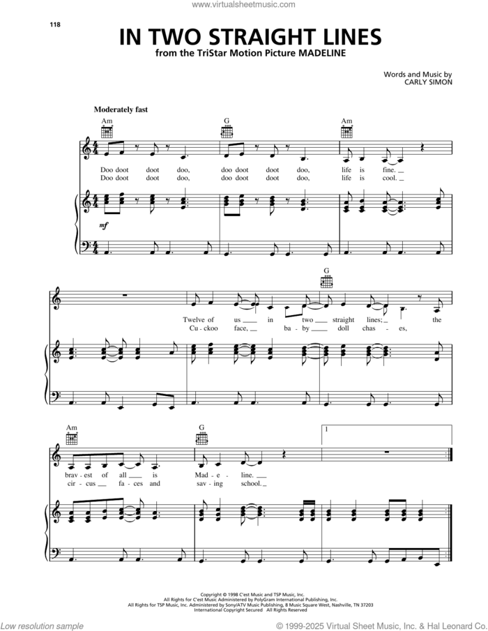 In Two Straight Lines (from Madeline) sheet music for voice, piano or guitar by Carly Simon, intermediate skill level