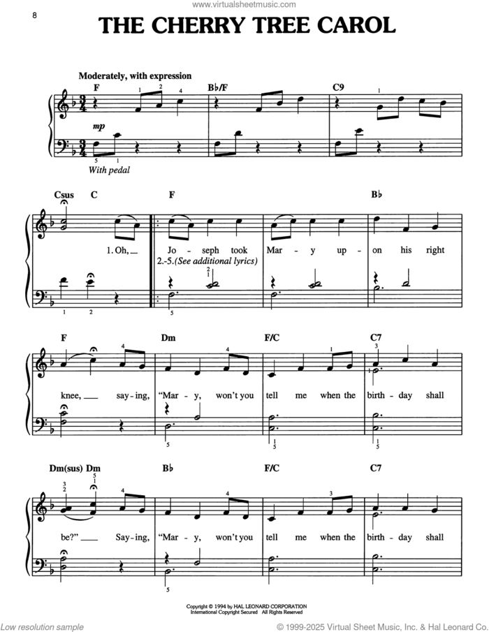 The Cherry Tree Carol sheet music for piano solo, easy skill level