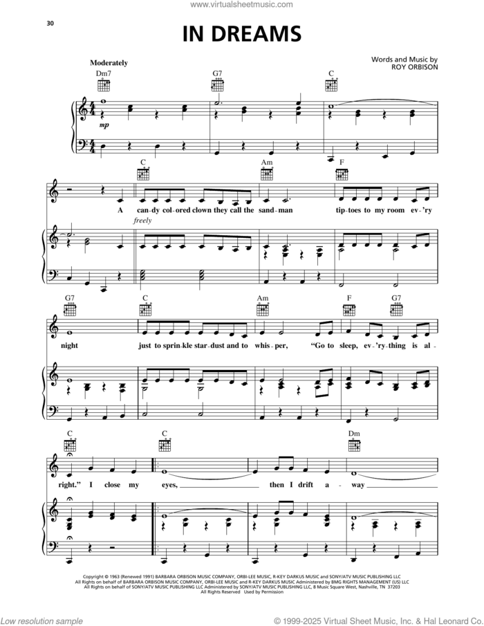 In Dreams sheet music for voice, piano or guitar by Roy Orbison, intermediate skill level