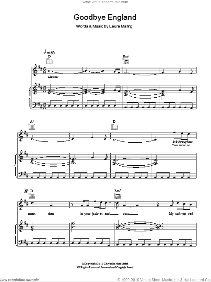 Goodbye England (Covered In Snow) sheet music for voice, piano or guitar by Laura Marling, intermediate skill level