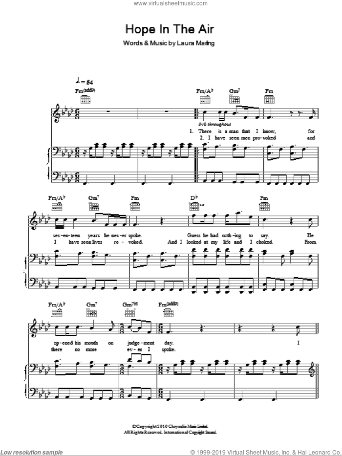 Hope In The Air sheet music for voice, piano or guitar by Laura Marling, intermediate skill level