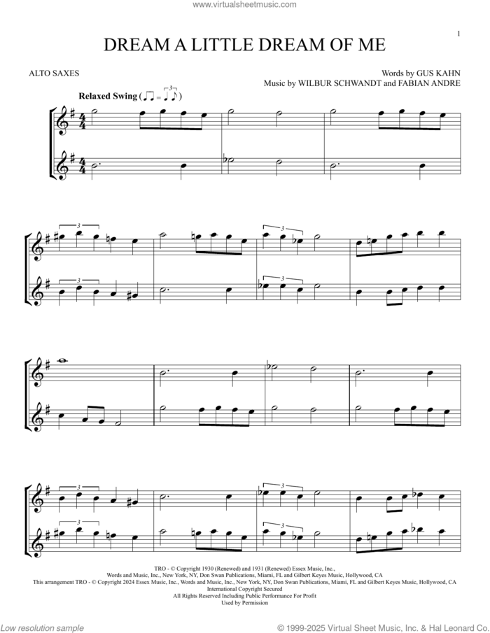 Dream A Little Dream Of Me sheet music for two alto saxophones (duets) by The Mamas & The Papas, Fabian Andre, Gus Kahn and Wilbur Schwandt, intermediate skill level