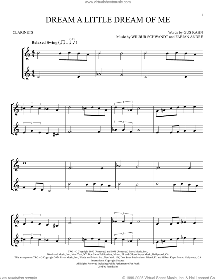 Dream A Little Dream Of Me sheet music for two clarinets (duets) by The Mamas & The Papas, Fabian Andre, Gus Kahn and Wilbur Schwandt, intermediate skill level