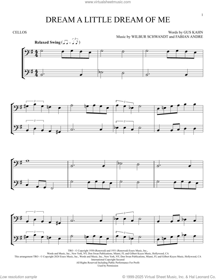 Dream A Little Dream Of Me sheet music for two cellos (duet, duets) by The Mamas & The Papas, Fabian Andre, Gus Kahn and Wilbur Schwandt, intermediate skill level