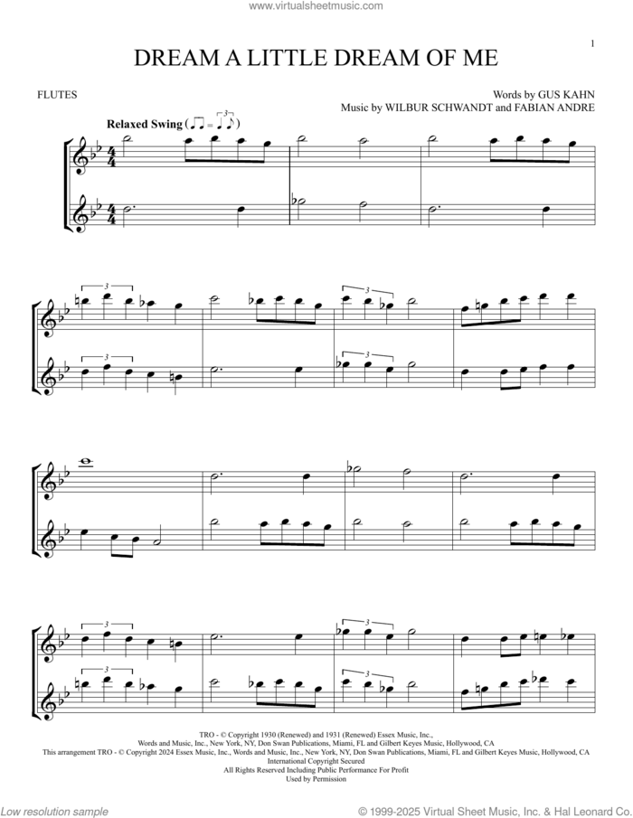 Dream A Little Dream Of Me sheet music for two flutes (duets) by The Mamas & The Papas, Fabian Andre, Gus Kahn and Wilbur Schwandt, intermediate skill level