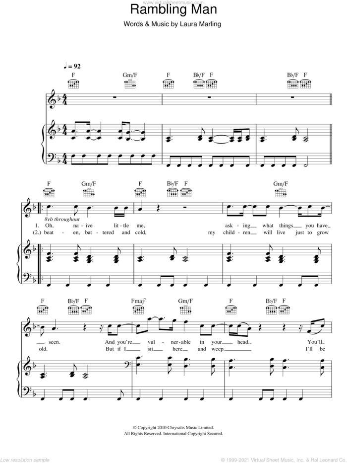Rambling Man sheet music for voice, piano or guitar by Laura Marling, intermediate skill level