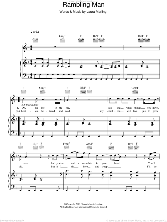 Rambling Man sheet music for voice, piano or guitar by Laura Marling, intermediate skill level