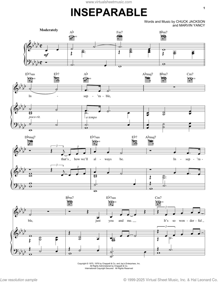 Inseparable sheet music for voice, piano or guitar by Natalie Cole, Chuck Jackson and Marvin Yancy, intermediate skill level