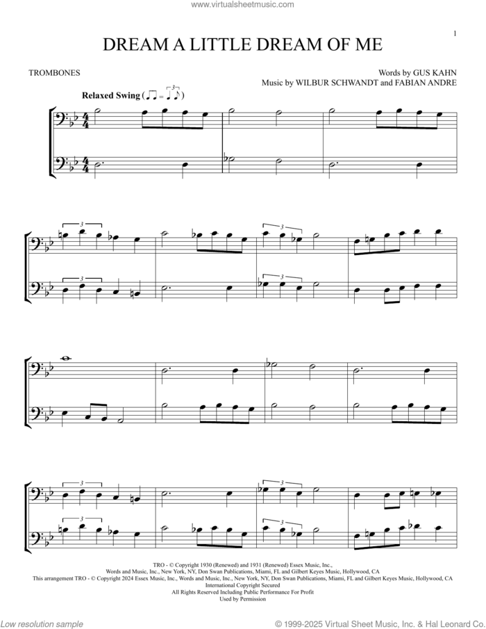 Dream A Little Dream Of Me sheet music for two trombones (duet, duets) by The Mamas & The Papas, Fabian Andre, Gus Kahn and Wilbur Schwandt, intermediate skill level