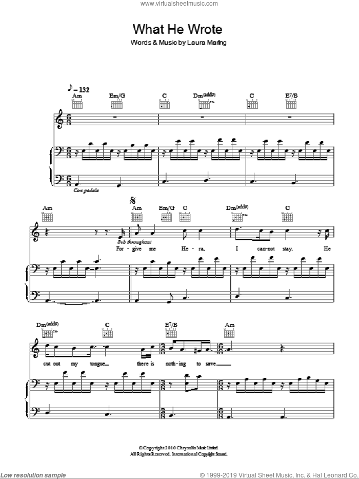 What He Wrote sheet music for voice, piano or guitar by Laura Marling, intermediate skill level