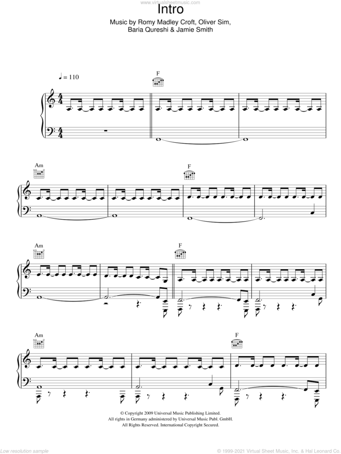 Intro sheet music for voice, piano or guitar by The XX, Baria Qureshi, Jamie Smith, Oliver Sim and Romy Madley Croft, intermediate skill level