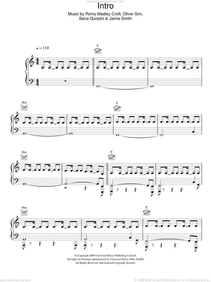 Intro sheet music for voice, piano or guitar by The XX, Baria Qureshi, Jamie Smith, Oliver Sim and Romy Madley Croft, intermediate skill level