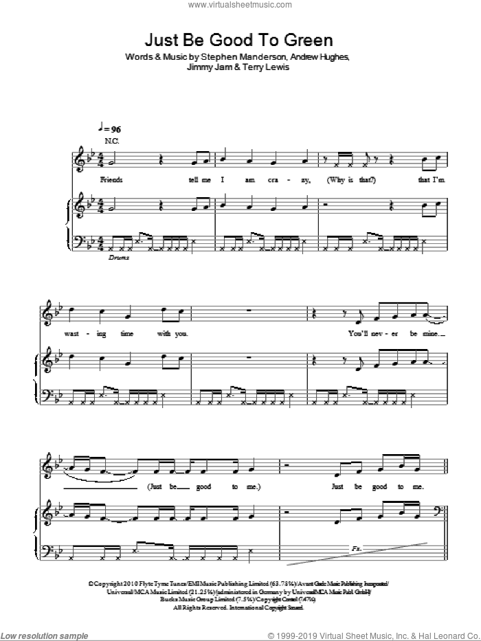 Just Be Good To Green sheet music for voice, piano or guitar by Professor Green featuring Lily Allen, Lily Allen, Professor Green, Andrew Hughes, Jimmy Jam, Stephen Manderson and Terry Lewis, intermediate skill level