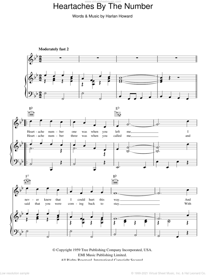 Heartaches By The Number sheet music for voice, piano or guitar by Guy Mitchell, Ray Price and Harlan Howard, intermediate skill level