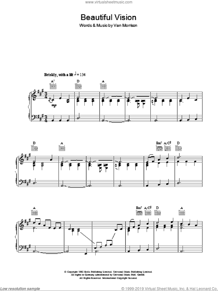 Beautiful Vision sheet music for voice, piano or guitar by Van Morrisson and Van Morrison, intermediate skill level