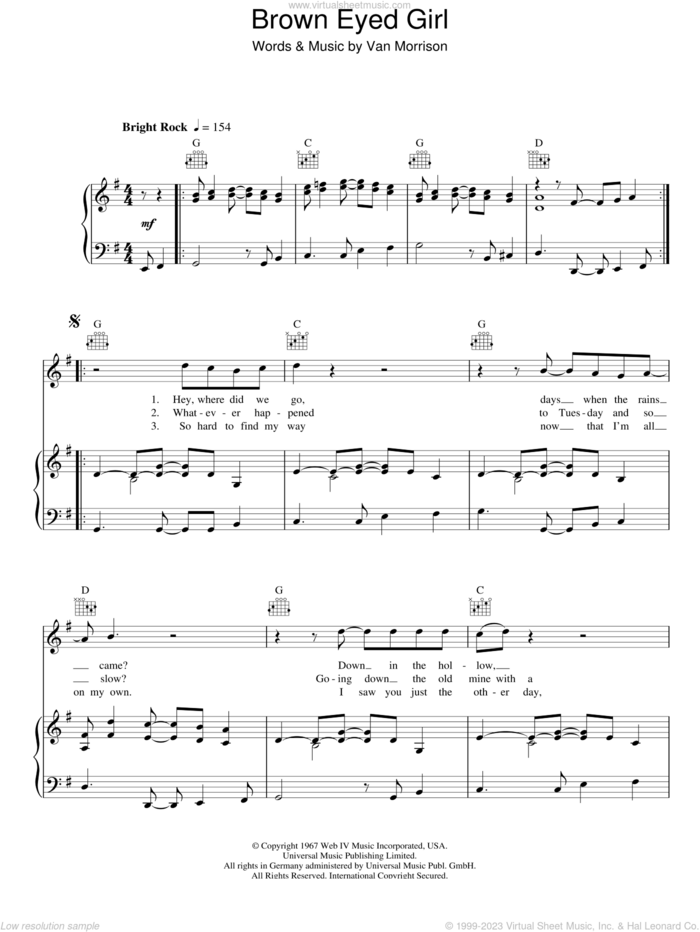 Brown Eyed Girl sheet music for voice, piano or guitar by Van Morrisson and Van Morrison, intermediate skill level