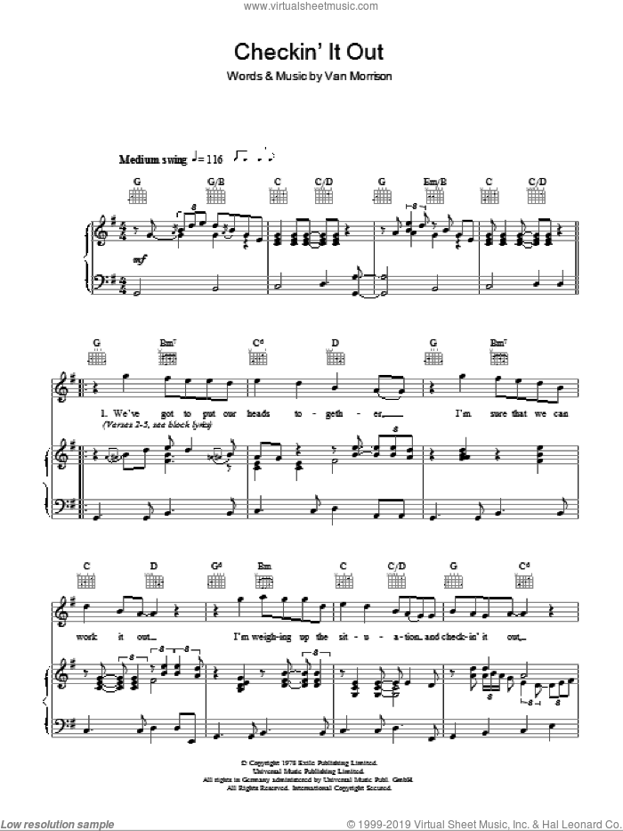 Checkin' It Out sheet music for voice, piano or guitar by Van Morrisson and Van Morrison, intermediate skill level