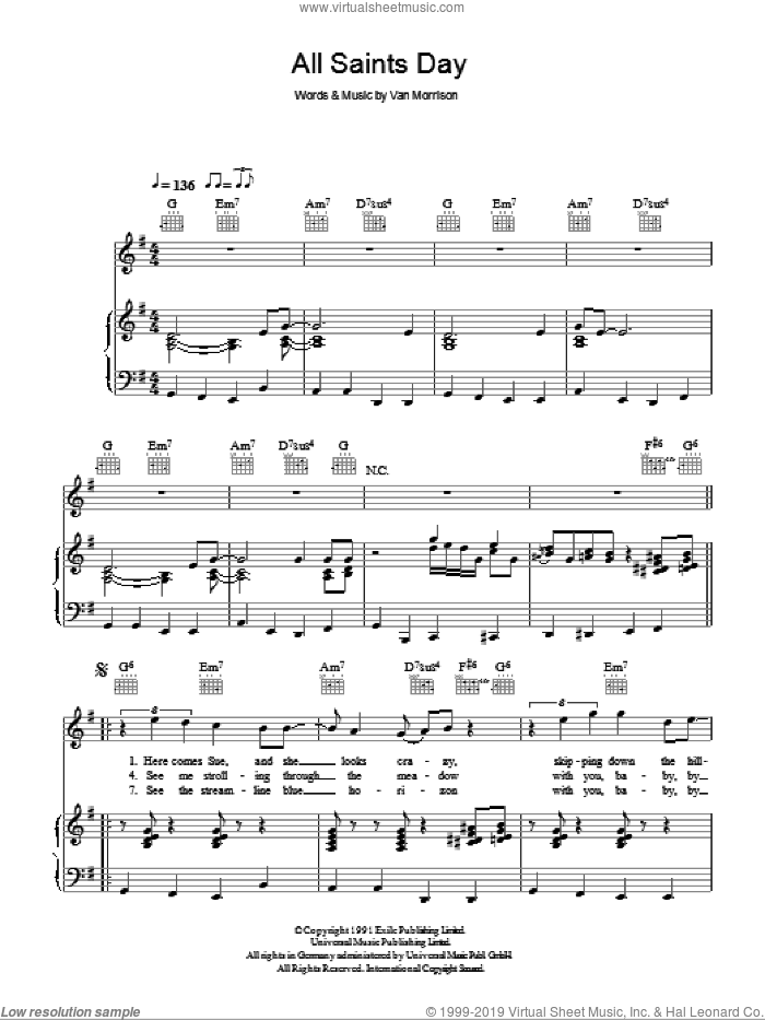 All Saints' Day sheet music for voice, piano or guitar by Van Morrisson and Van Morrison, intermediate skill level