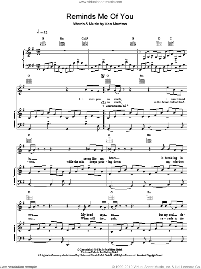 Reminds Me Of You sheet music for voice, piano or guitar by Van Morrison, intermediate skill level