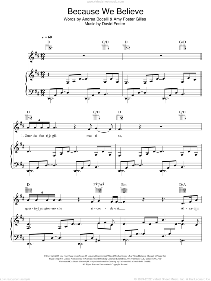 Because We Believe sheet music for voice, piano or guitar by Andrea Bocelli, Amy Foster Gilles and David Foster, classical score, intermediate skill level