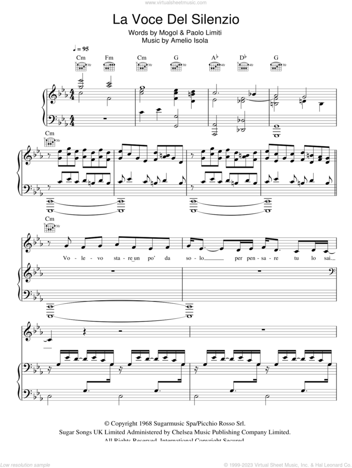 La Voce Del Silenzio sheet music for voice, piano or guitar by Andrea Bocelli, Amelio Isola, Mogol and Paolo Limiti, classical score, intermediate skill level