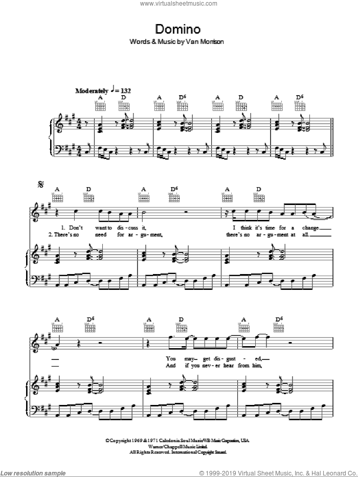 Domino sheet music for voice, piano or guitar by Van Morrisson and Van Morrison, intermediate skill level