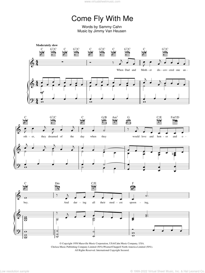 Come Fly With Me sheet music for voice, piano or guitar by Michael Buble, Frank Sinatra, Jimmy Van Heusen and Sammy Cahn, intermediate skill level