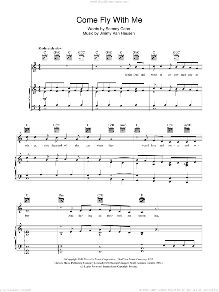 Come Fly With Me sheet music for voice, piano or guitar by Michael Buble, Frank Sinatra, Jimmy Van Heusen and Sammy Cahn, intermediate skill level