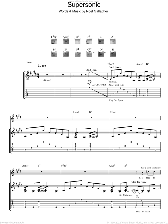 Supersonic sheet music for guitar (tablature) by Oasis and Noel Gallagher, intermediate skill level