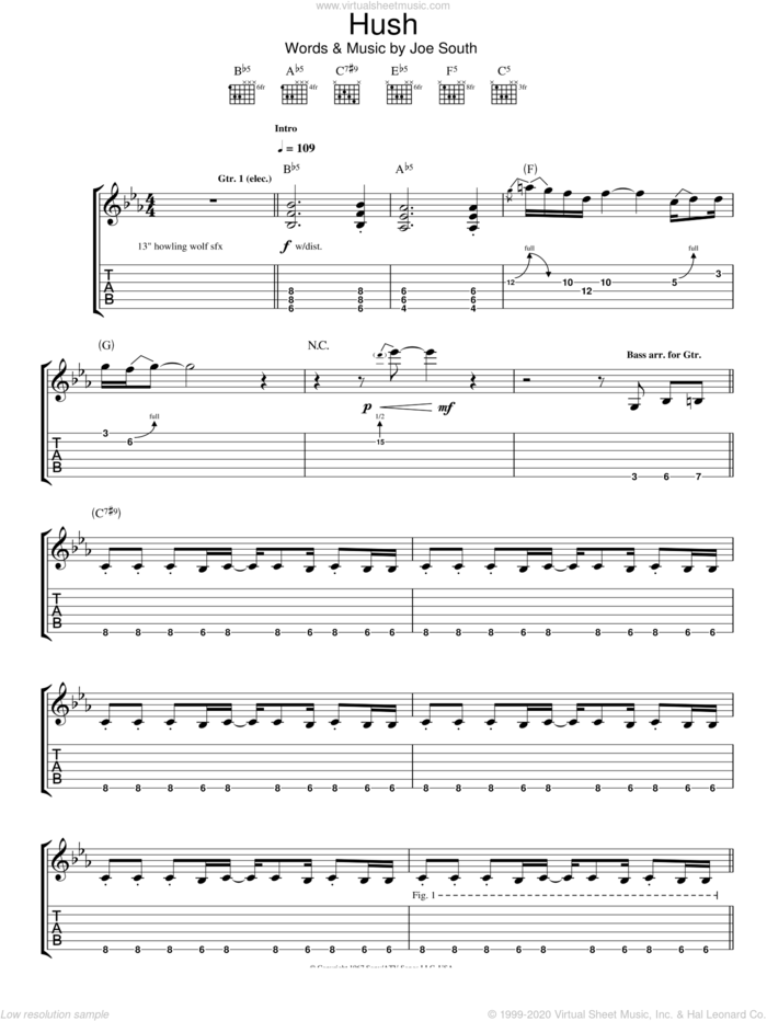 Hush sheet music for guitar (tablature) by Deep Purple and Joe South, intermediate skill level