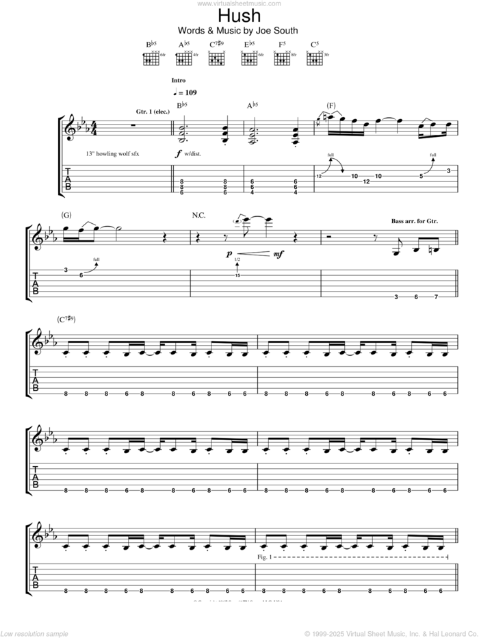 Hush sheet music for guitar (tablature) by Deep Purple and Joe South, intermediate skill level