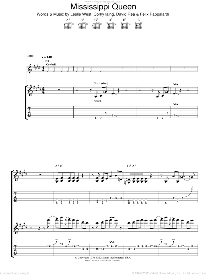Mississippi Queen sheet music for guitar (tablature) by Mountain, Corky Laing, David Rea, Felix Pappalardi and Leslie West, intermediate skill level