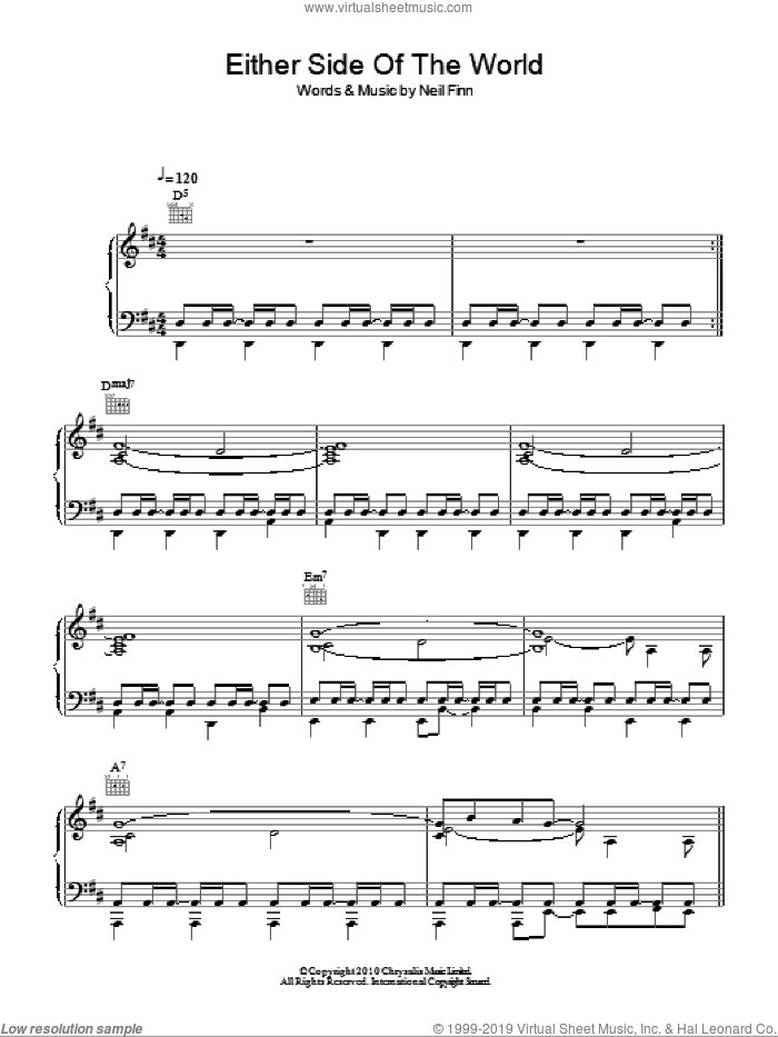 Either Side Of The World sheet music for voice, piano or guitar by Crowded House and Neil Finn, intermediate skill level
