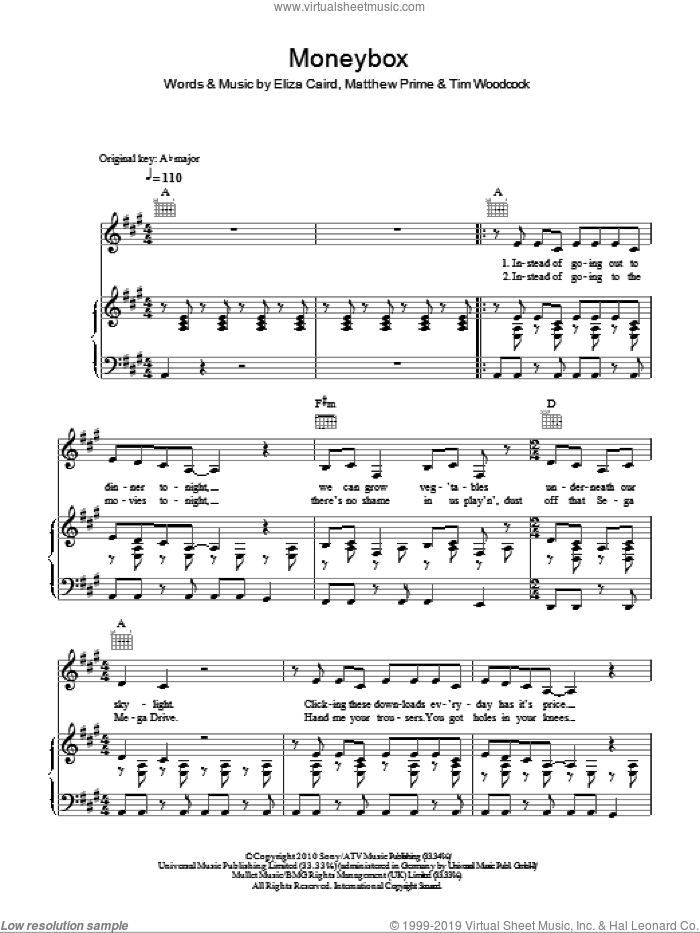 Moneybox sheet music for voice, piano or guitar by Eliza Doolittle, Eliza Caird, Matthew Prime and Tim Woodcock, intermediate skill level