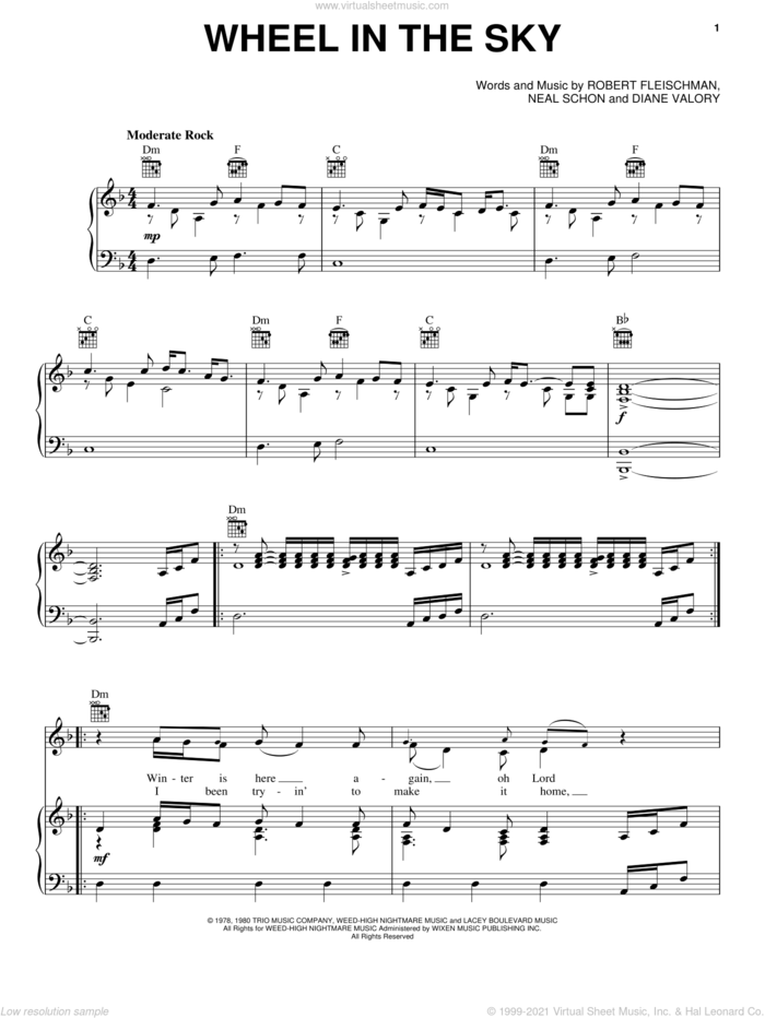 Wheel In The Sky sheet music for voice, piano or guitar by Journey, Diane Valory, Neal Schon and Robert Fleischman, intermediate skill level