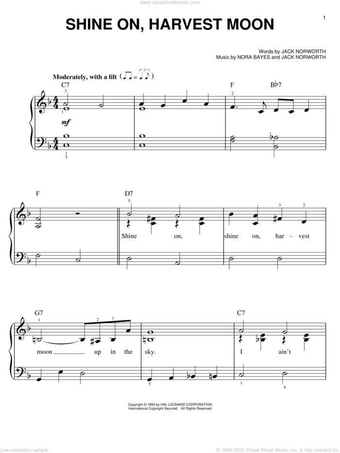 Shine On, Harvest Moon sheet music for piano solo by Jack Norworth and Nora Bayes, easy skill level