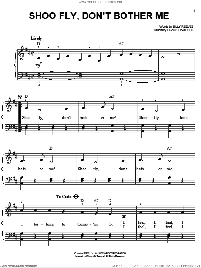 Shoo Fly, Don't Bother Me sheet music for piano solo by Billy Reeves and Frank Campbell, easy skill level