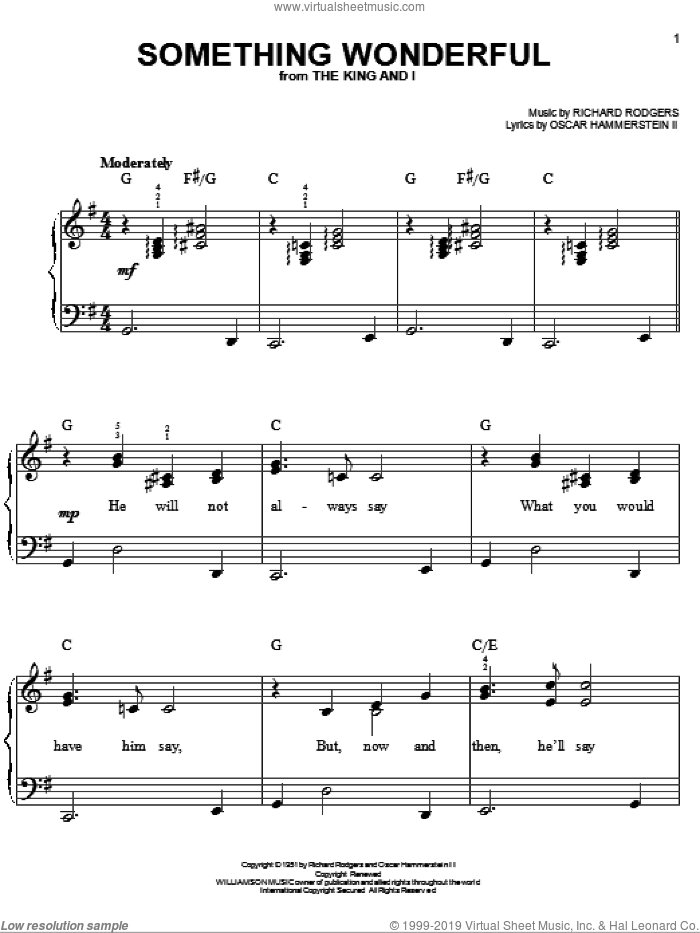 Something Wonderful, (easy) sheet music for piano solo by Rodgers & Hammerstein, The King And I (Musical), Oscar II Hammerstein and Richard Rodgers, easy skill level