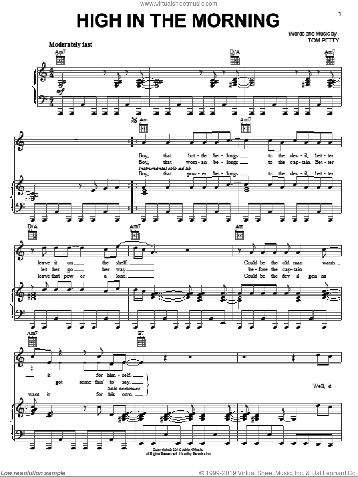 High In The Morning sheet music for voice, piano or guitar by Tom Petty And The Heartbreakers and Tom Petty, intermediate skill level