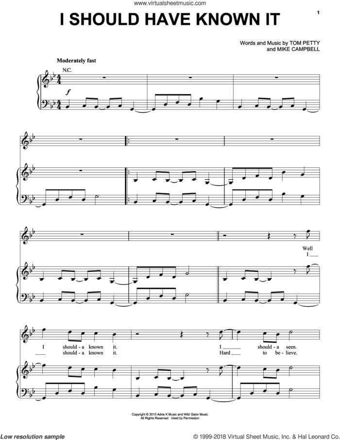 I Should Have Known It sheet music for voice, piano or guitar by Tom Petty And The Heartbreakers, Mike Campbell and Tom Petty, intermediate skill level
