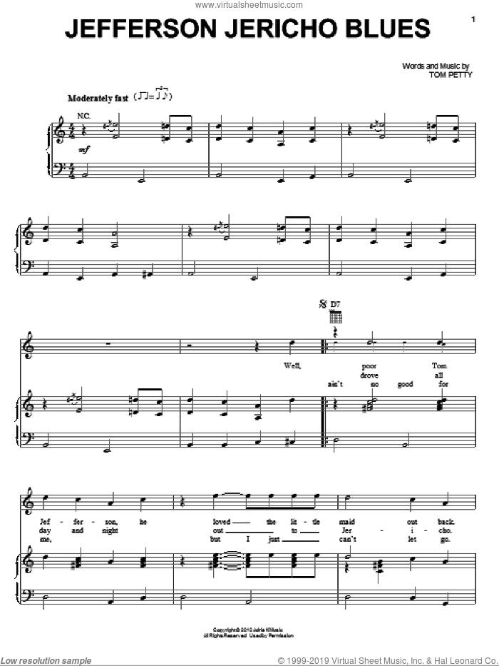 Jefferson Jericho Blues sheet music for voice, piano or guitar by Tom Petty And The Heartbreakers and Tom Petty, intermediate skill level
