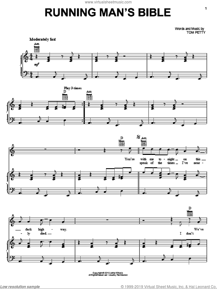 Running Man's Bible sheet music for voice, piano or guitar by Tom Petty And The Heartbreakers and Tom Petty, intermediate skill level
