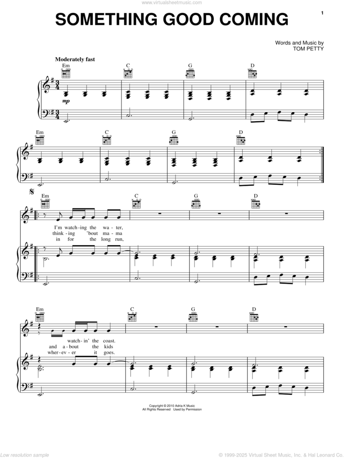 Something Good Coming sheet music for voice, piano or guitar by Tom Petty And The Heartbreakers and Tom Petty, intermediate skill level