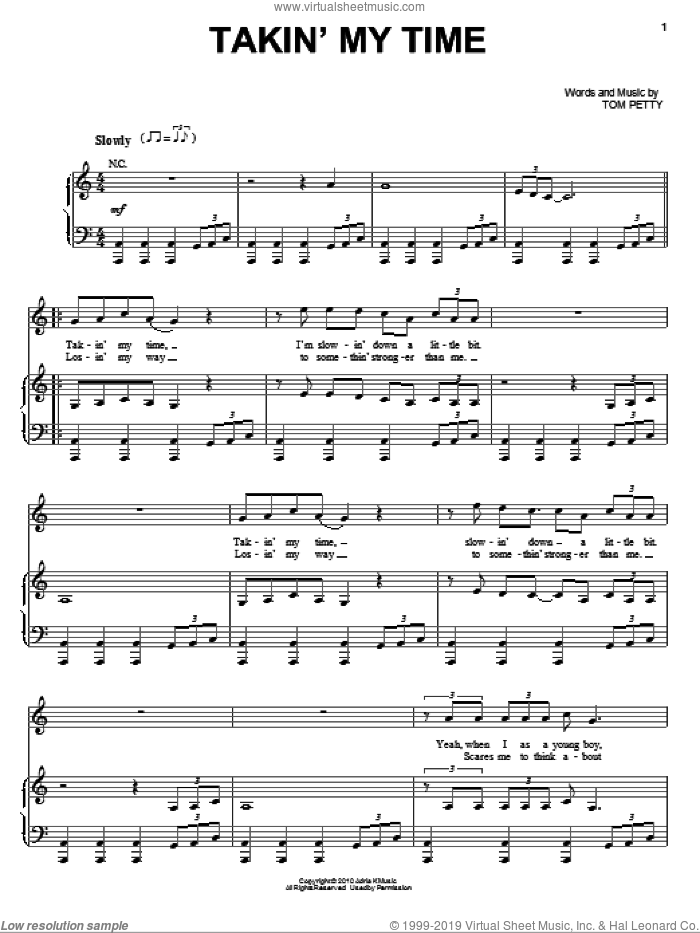 Takin' My Time sheet music for voice, piano or guitar by Tom Petty And The Heartbreakers and Tom Petty, intermediate skill level