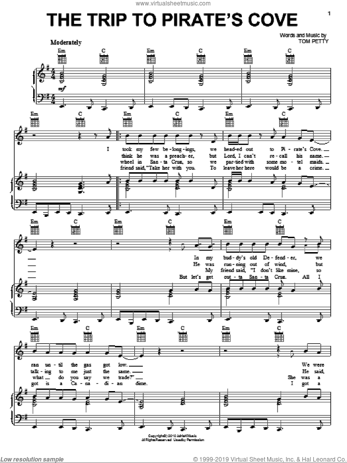 The Trip To Pirate's Cove sheet music for voice, piano or guitar by Tom Petty And The Heartbreakers and Tom Petty, intermediate skill level
