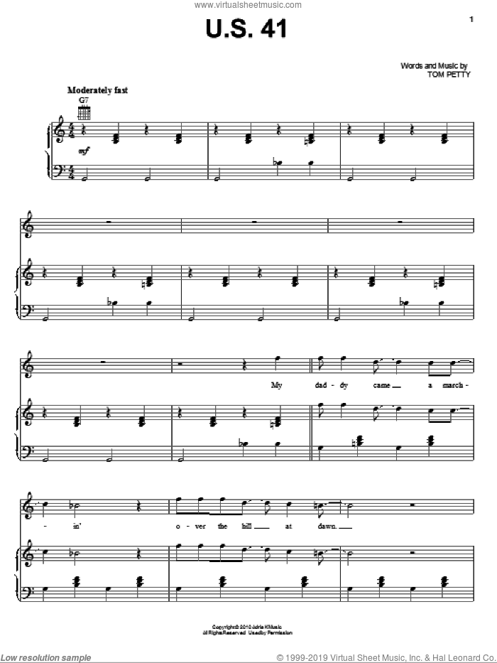 U.S. 41 sheet music for voice, piano or guitar by Tom Petty And The Heartbreakers and Tom Petty, intermediate skill level