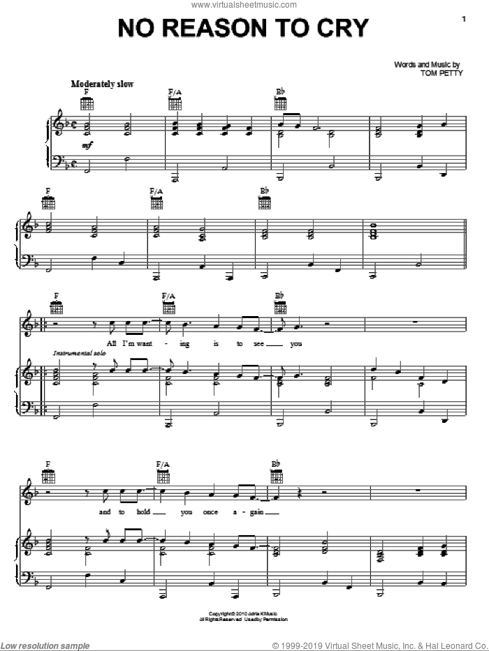 No Reason To Cry sheet music for voice, piano or guitar by Tom Petty And The Heartbreakers and Tom Petty, intermediate skill level