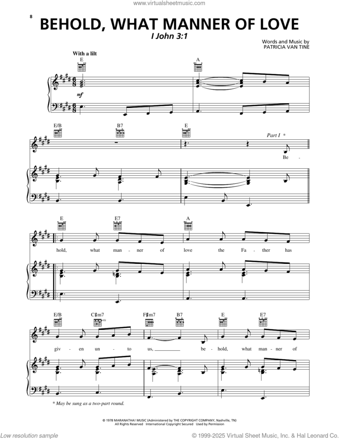 Behold, What Manner Of Love sheet music for voice, piano or guitar by Patricia Van Tine, intermediate skill level