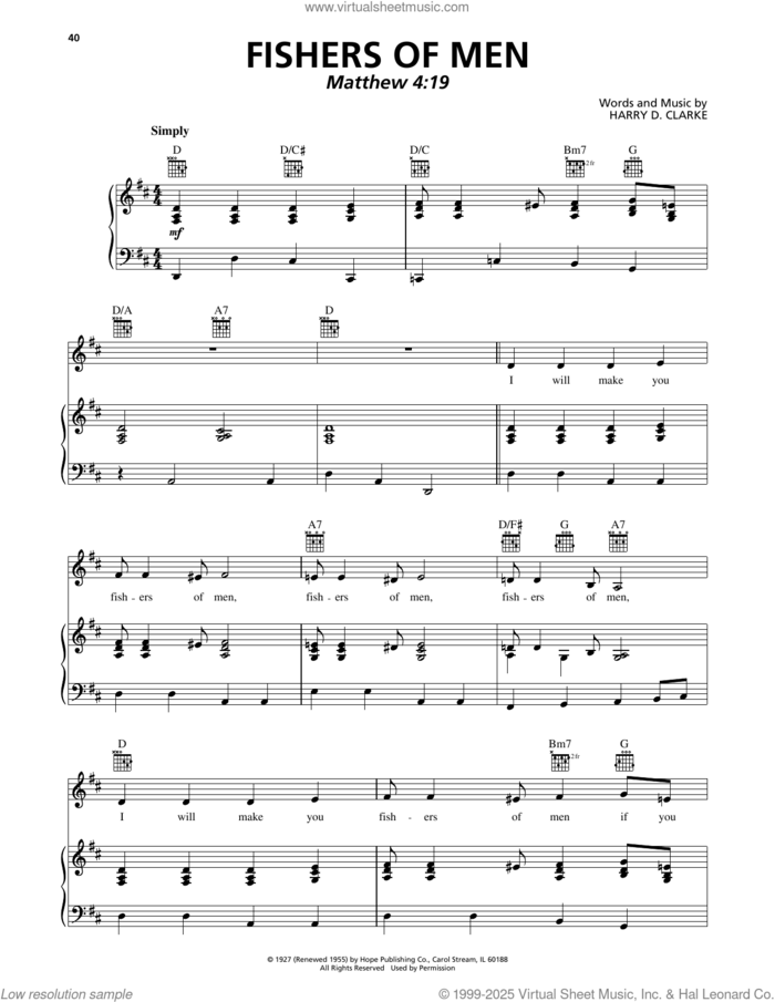 Fishers Of Men sheet music for voice, piano or guitar by Harry D. Clarke, intermediate skill level